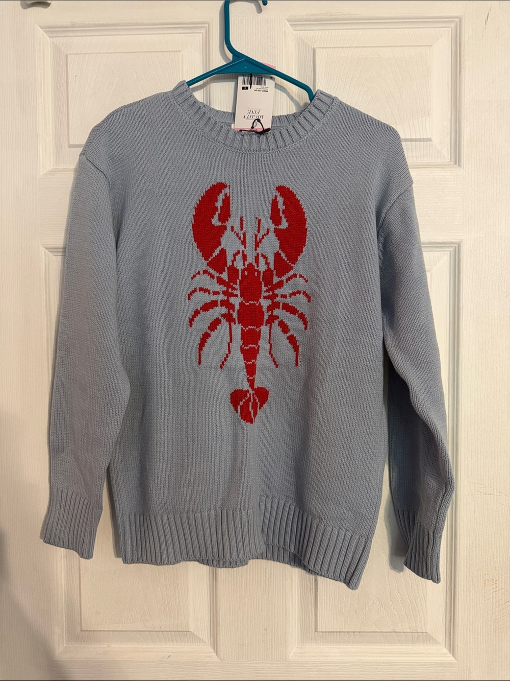 Mighty Fine Light Blue Crewneck Sweater with Red Lobster Graphic